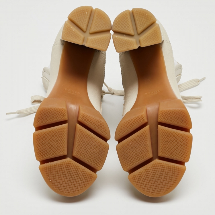 Pre Owned Prada Cream Neoprene and Leather Lace Up Combat Boots Size 38