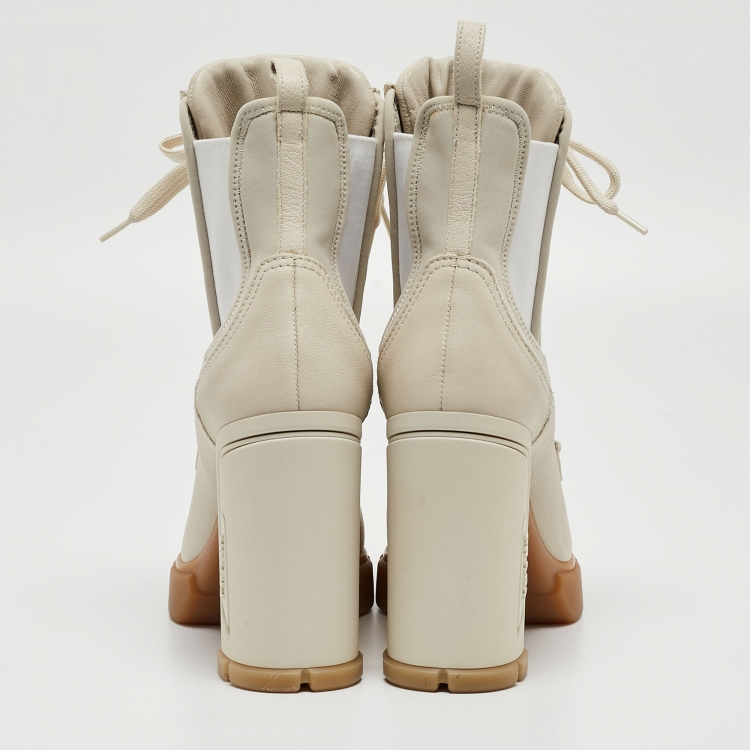 Pre Owned Prada Cream Neoprene and Leather Lace Up Combat Boots Size 38