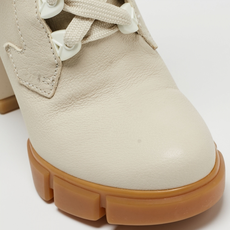 Pre Owned Prada Cream Neoprene and Leather Lace Up Combat Boots Size 38