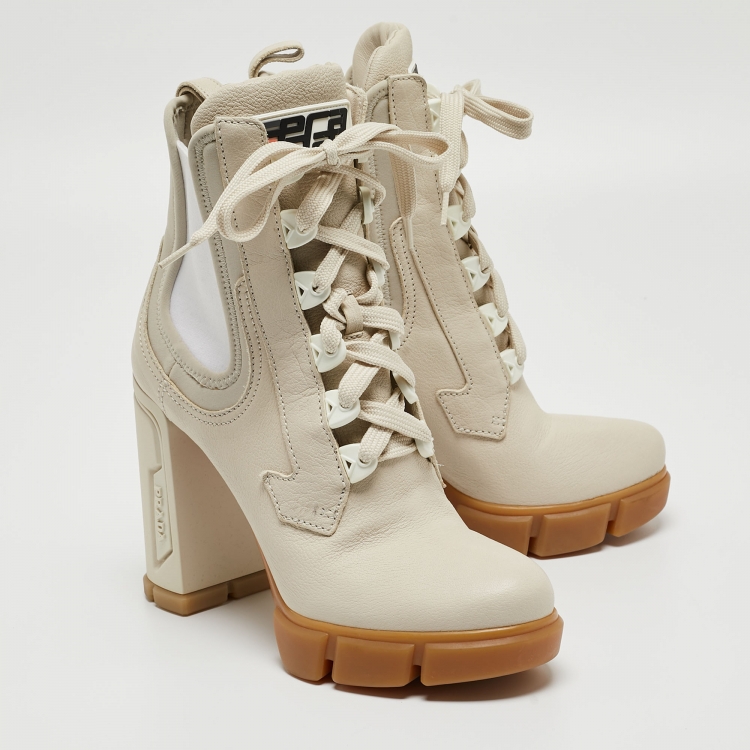 Pre Owned Prada Cream Neoprene and Leather Lace Up Combat Boots Size 38