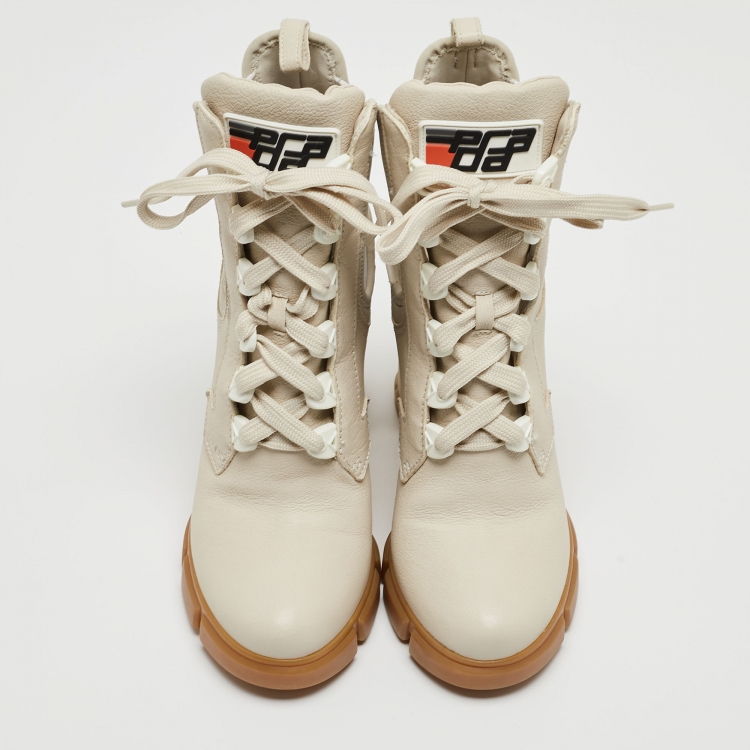 Pre Owned Prada Cream Neoprene and Leather Lace Up Combat Boots Size 38