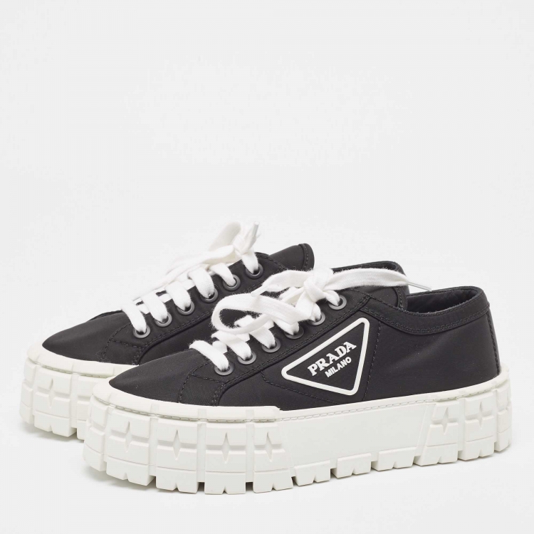 Pre Owned Prada Black Nylon Double Wheel Lace Up Sneakers Size 37