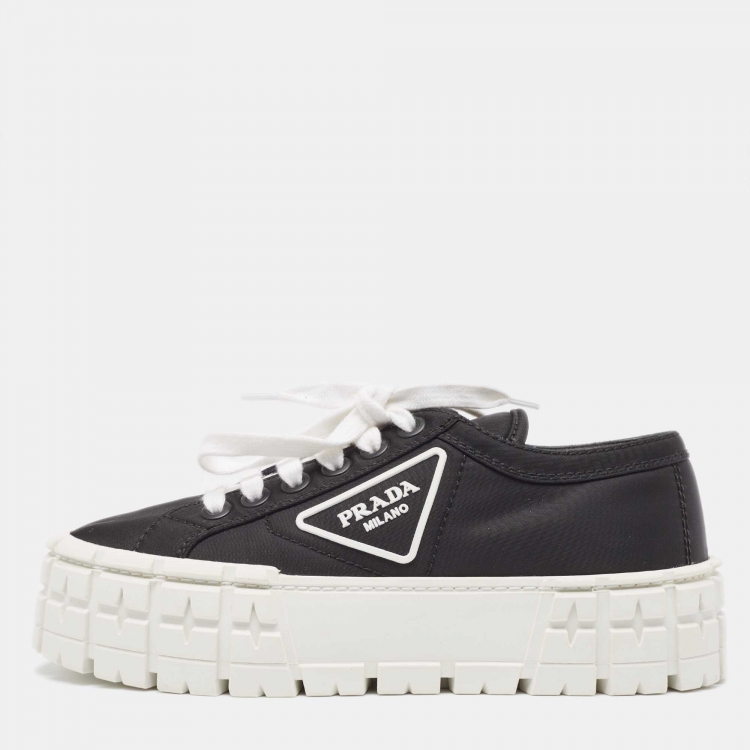 Pre Owned Prada Black Nylon Double Wheel Lace Up Sneakers Size 37