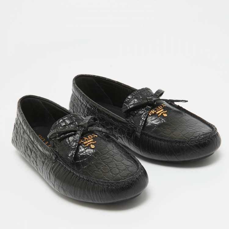 Pre Owned Prada Black Alligator Slip On Loafers Size 38
