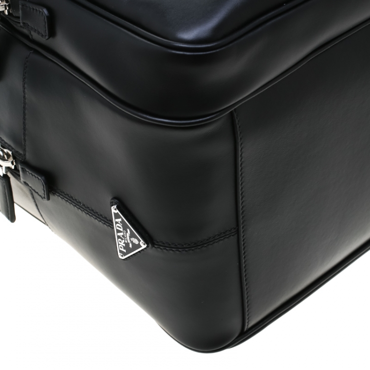 Pre Owned Prada Black Leather Piped Briefcase