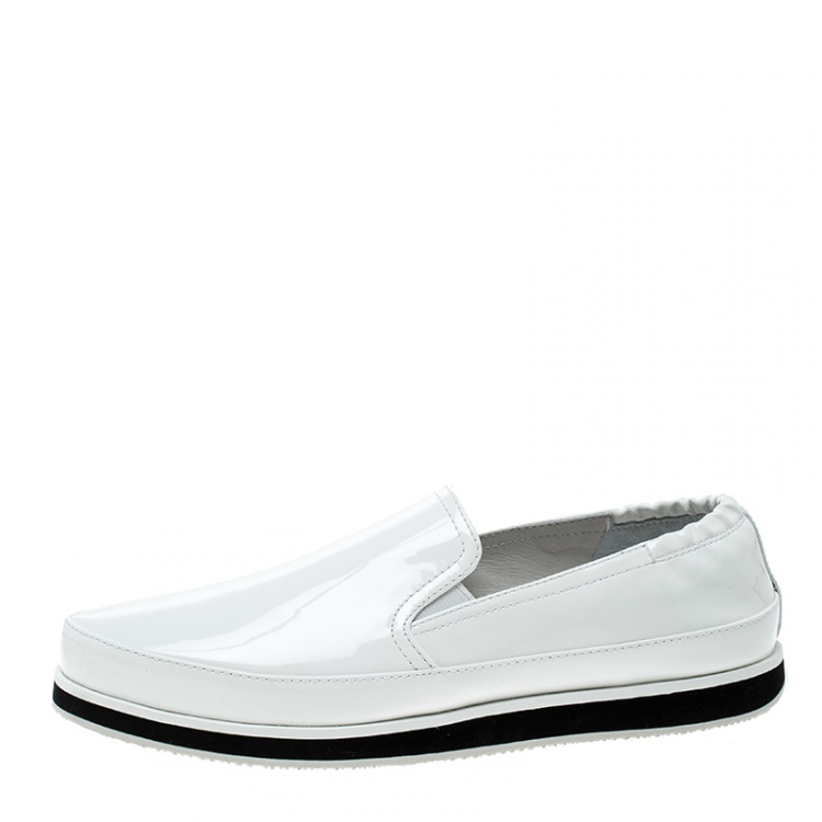 Pre Owned Prada Sport White Patent Leather Scrunch Slip On Loafer Sneakers Size 37