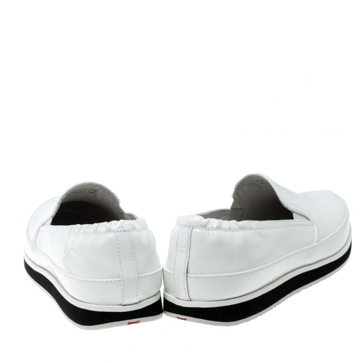 Pre Owned Prada Sport White Patent Leather Scrunch Slip On Loafer Sneakers Size 37