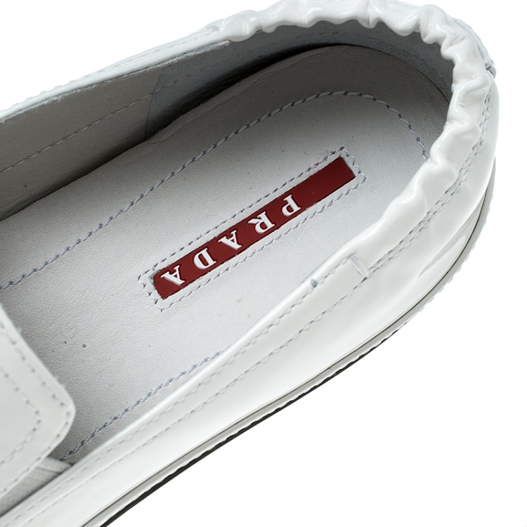 Pre Owned Prada Sport White Patent Leather Scrunch Slip On Loafer Sneakers Size 37