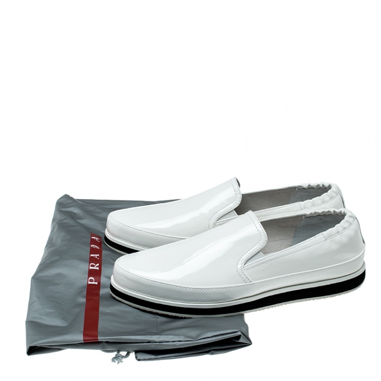 Pre Owned Prada Sport White Patent Leather Scrunch Slip On Loafer Sneakers Size 37