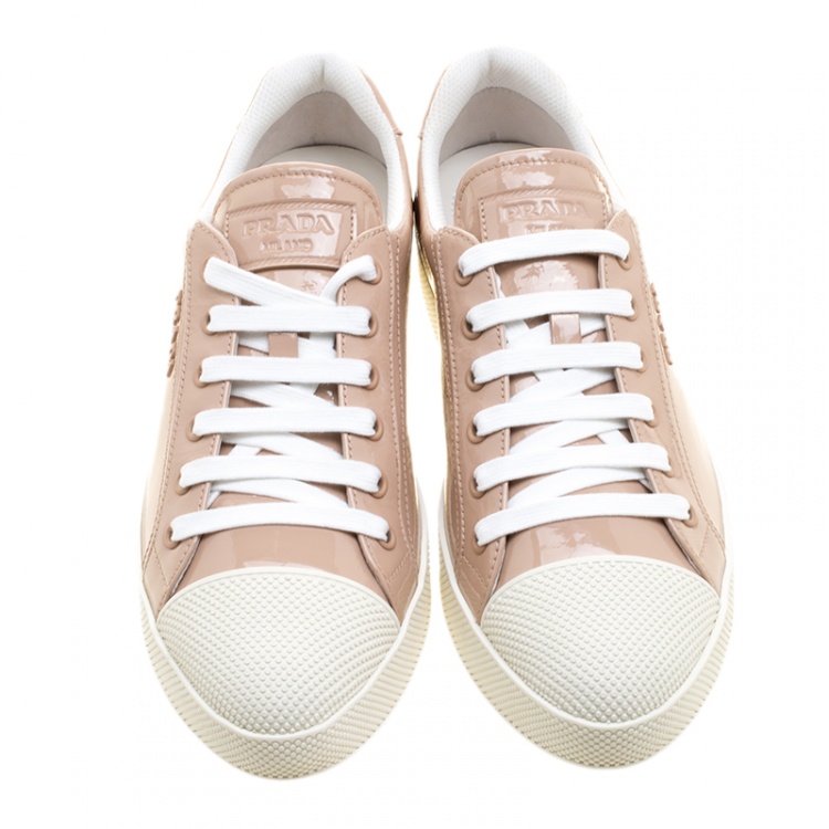 Pre Owned Prada Sport Beige Patent Leather Low Top Sneakers Size 36