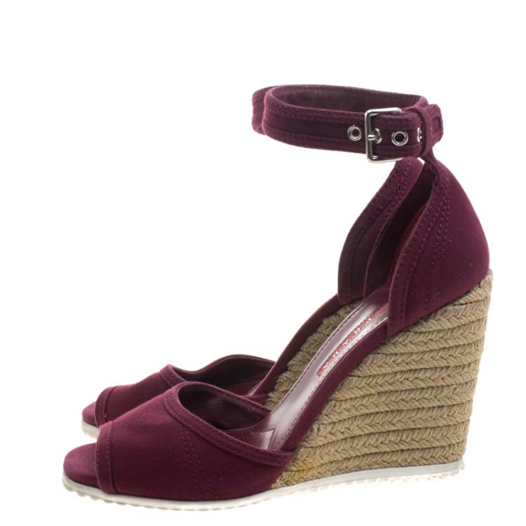 Pre Owned Prada Sport Bordeaux Denim Ankle Strap Espadrille Wedge Sandals Size 37