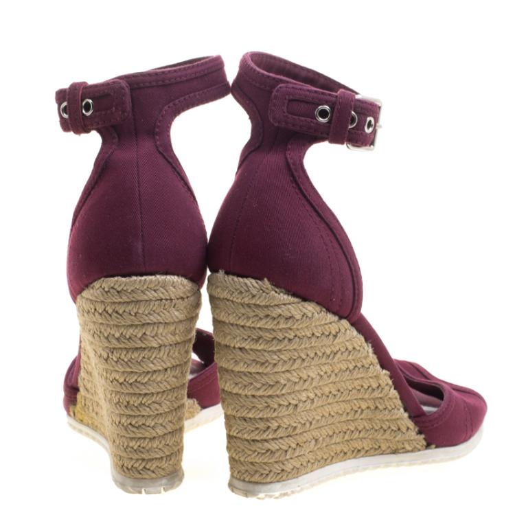 Pre Owned Prada Sport Bordeaux Denim Ankle Strap Espadrille Wedge Sandals Size 37