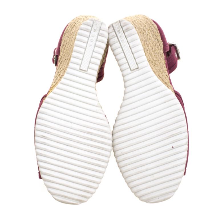 Pre Owned Prada Sport Bordeaux Denim Ankle Strap Espadrille Wedge Sandals Size 37