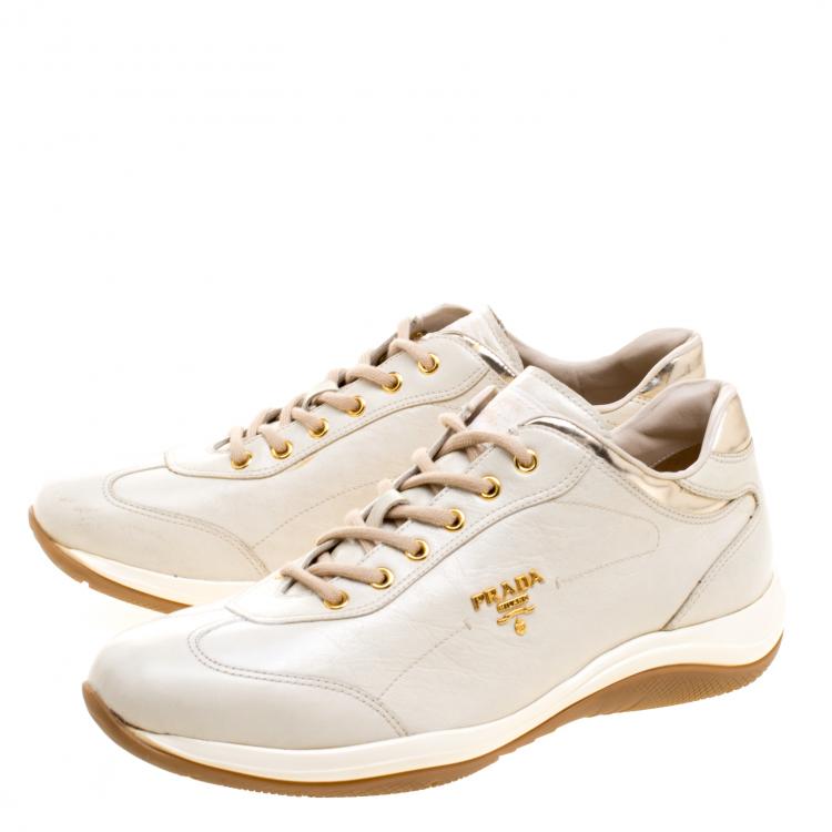 Pre Owned Prada Sport Cream Leather Lace Up Sneakers Size 40