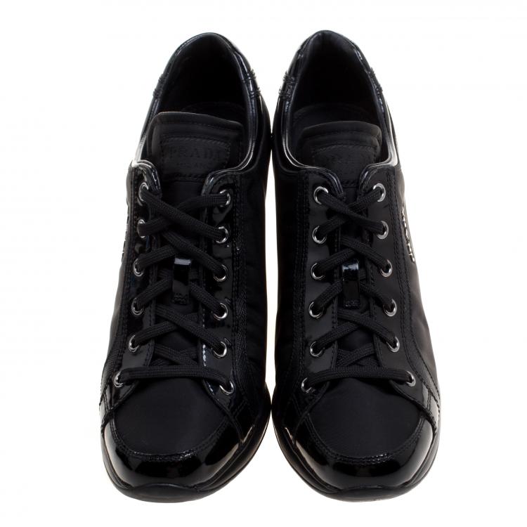 Pre Owned Prada Sport Black Nylon and Leather Wedge Lace Up Sneakers Size 38.5