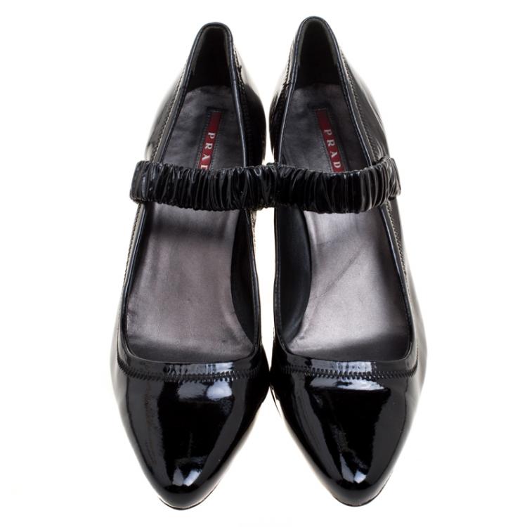 Pre Owned Prada Sport Black Patent Leather Scrunch Ankle Strap Pumps Size 40