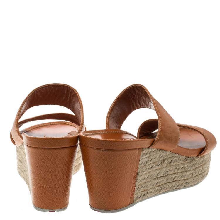 Pre Owned Prada Orange Saffiano Leather Wedge Espadrille Sandals Size 40.5