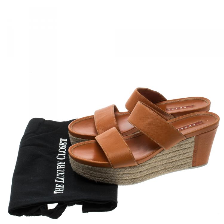 Pre Owned Prada Orange Saffiano Leather Wedge Espadrille Sandals Size 40.5