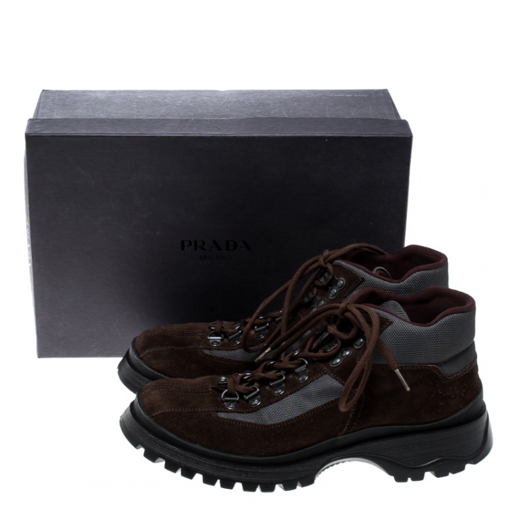 Pre Owned Prada Sport Brown/Grey Suede and Nylon High Top Sneakers Size 37.5
