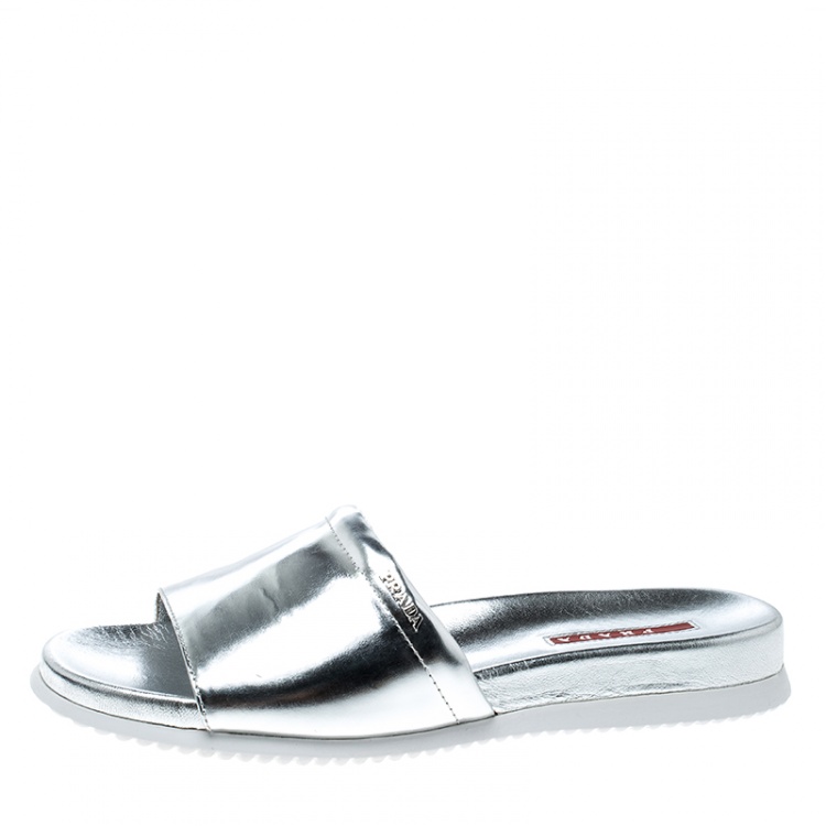Pre Owned Prada Sport Metallic Silver Leather Slides Size 38