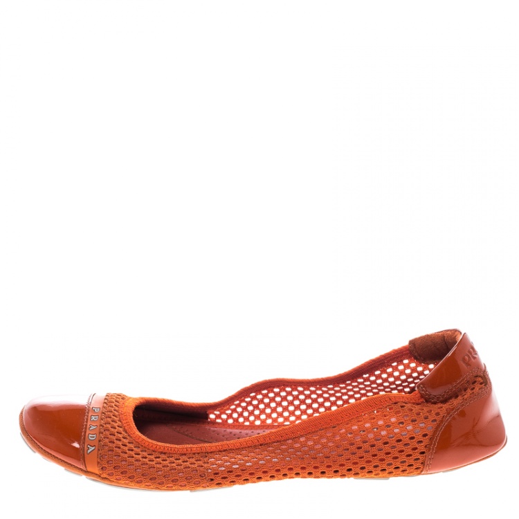 Pre Owned Prada Sport Orange Mesh Patent Leather Cap Toe Ballet Flats Size 36