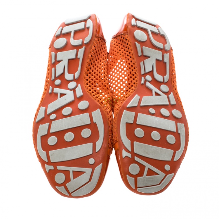 Pre Owned Prada Sport Orange Mesh Patent Leather Cap Toe Ballet Flats Size 36