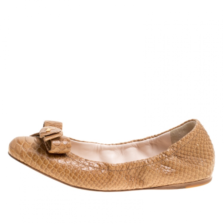 Pre Owned Prada Sport Beige Python Leather Scrunch Bow Ballet Flats Size 36.5