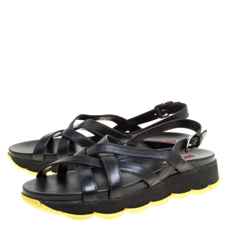 Pre Owned Prada Sport Black Leather Cross Strap Flat Sandals Size 39.5