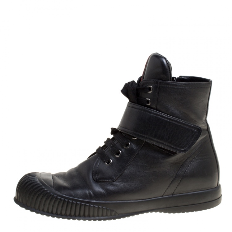 Pre Owned Prada Sport Black Leather Lace Up High Top Sneakers Size 39 