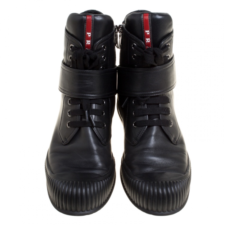 Pre Owned Prada Sport Black Leather Lace Up High Top Sneakers Size 39 