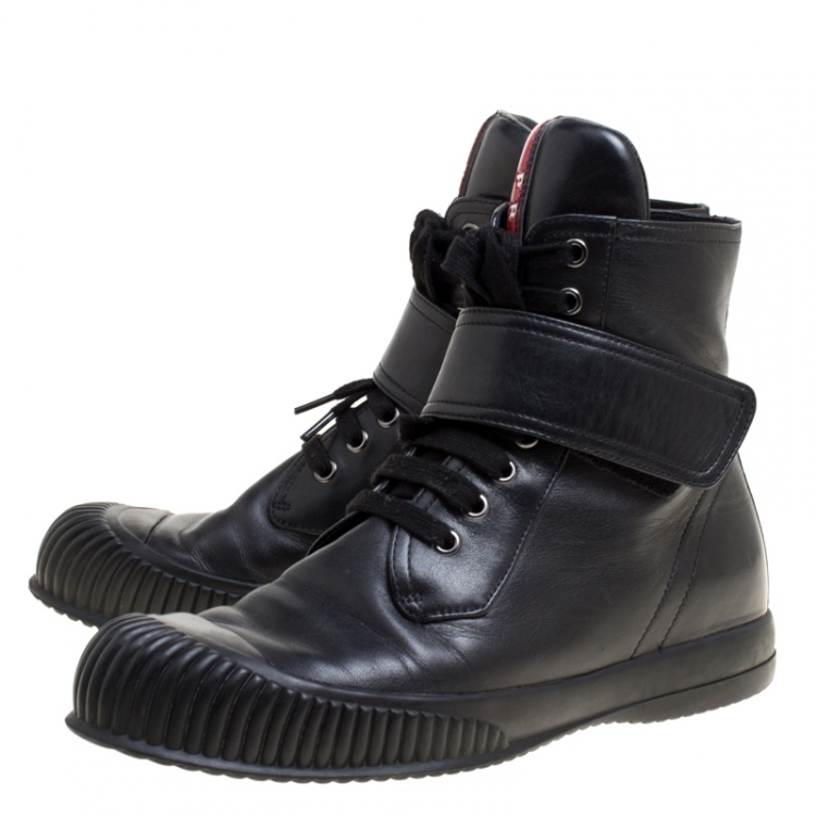 Pre Owned Prada Sport Black Leather Lace Up High Top Sneakers Size 39 
