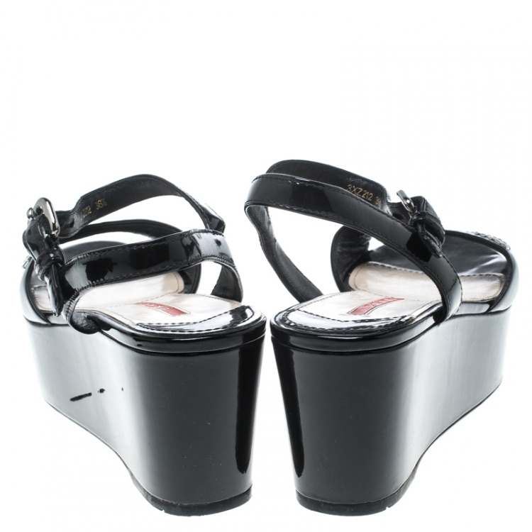 Pre Owned Prada Sport Black Patent Leather Ankle Strap Platform Sandals Size 36.5