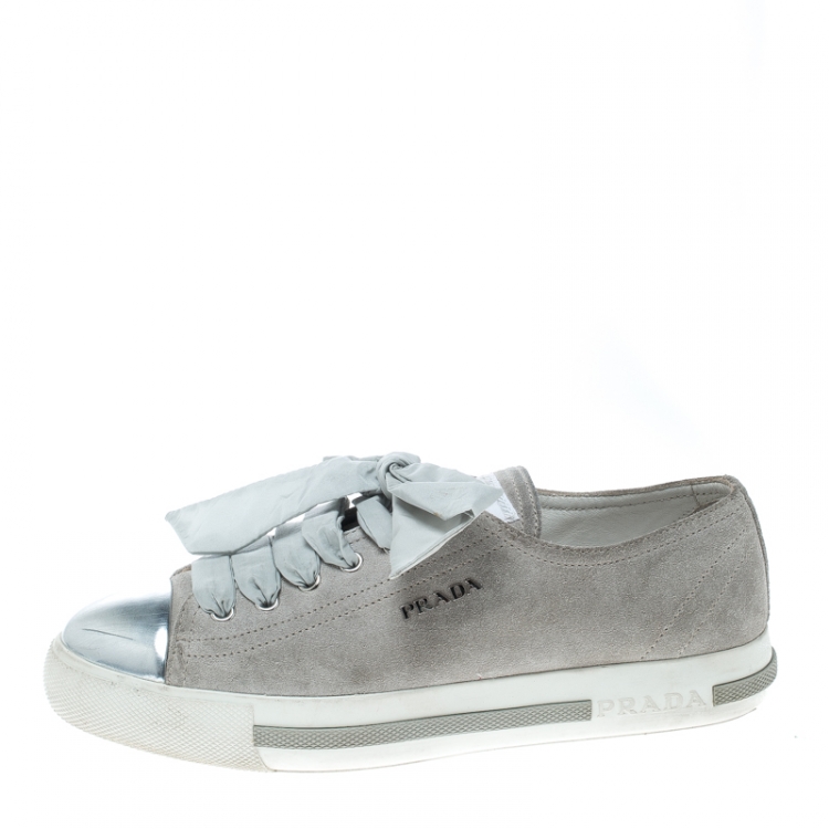Pre Owned Prada Sport Grey/Metallic Silver Suede and Leather Cap Toe Platform Sneakers Size 37.5