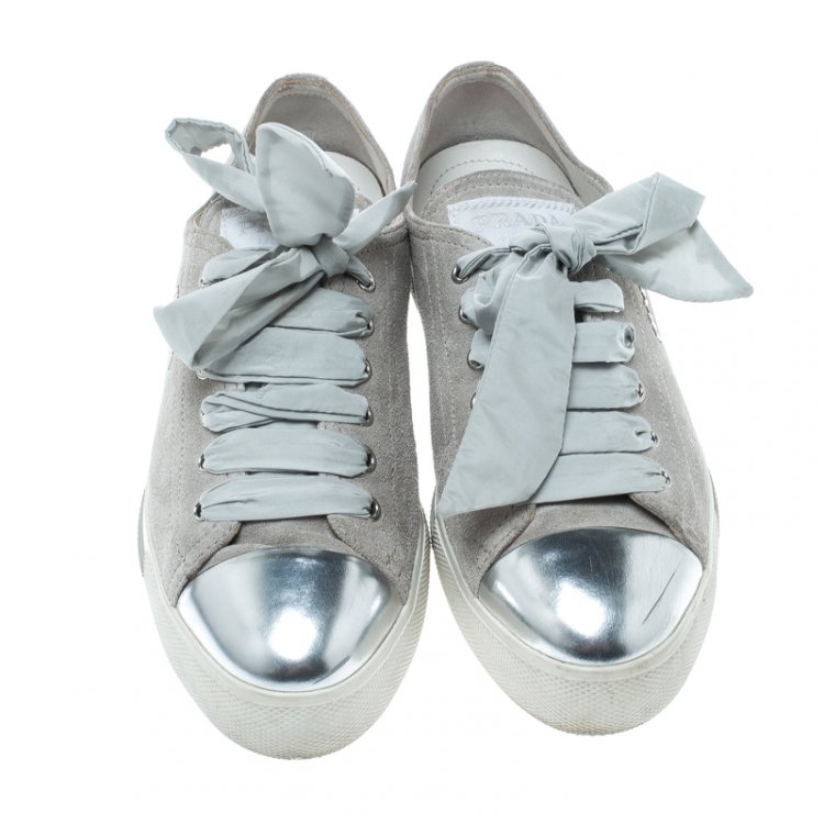 Pre Owned Prada Sport Grey/Metallic Silver Suede and Leather Cap Toe Platform Sneakers Size 37.5