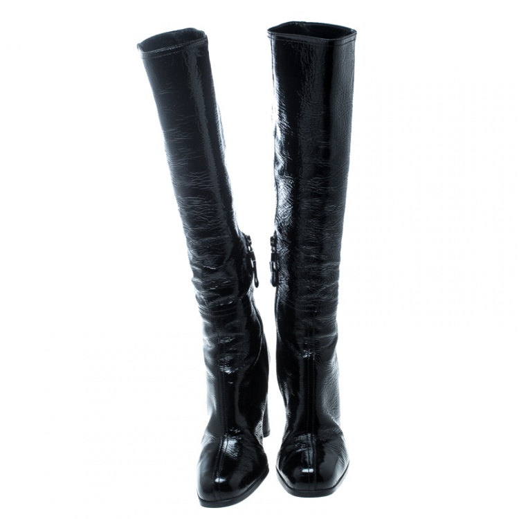 Pre Owned Prada Sport Black Crinkled Patent Leather Block Heel Knee Boots Size 36.5