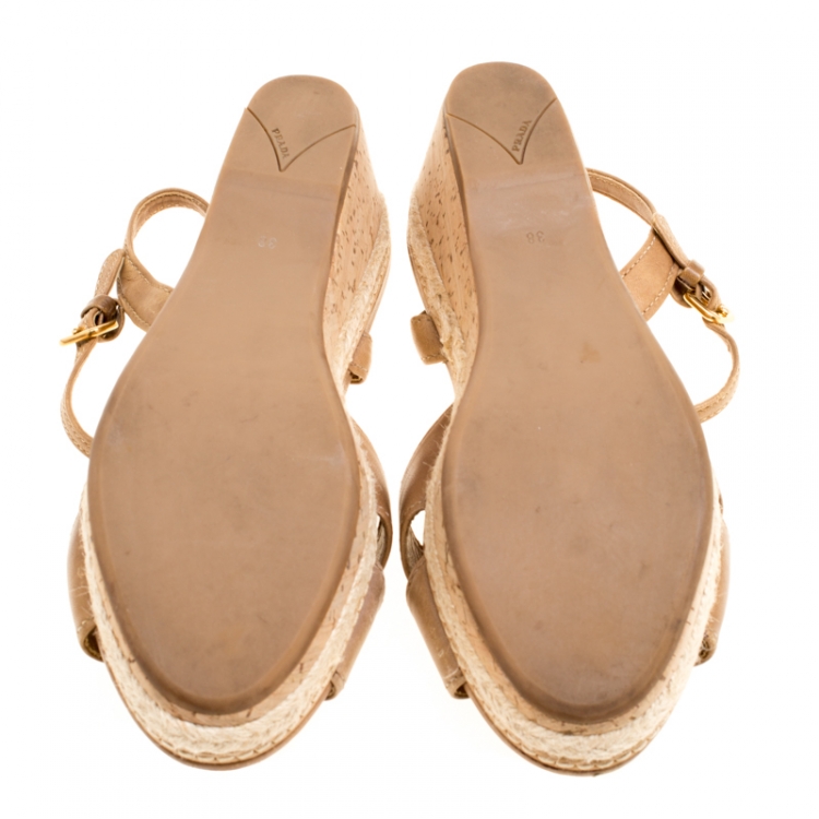 مملوكة مسبقًا Prada Sport Brown Leather Ankle Strap Platform Espadrille Sandals Size 38
