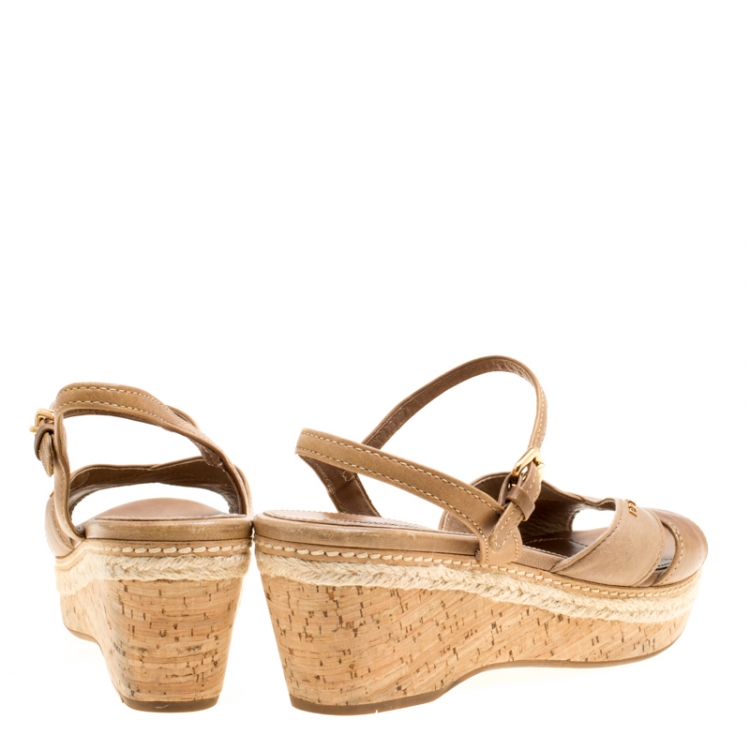 مملوكة مسبقًا Prada Sport Brown Leather Ankle Strap Platform Espadrille Sandals Size 38