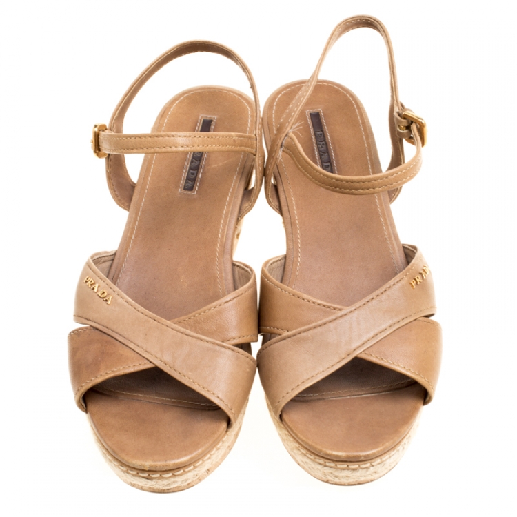 مملوكة مسبقًا Prada Sport Brown Leather Ankle Strap Platform Espadrille Sandals Size 38