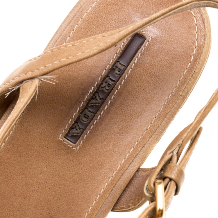 مملوكة مسبقًا Prada Sport Brown Leather Ankle Strap Platform Espadrille Sandals Size 38