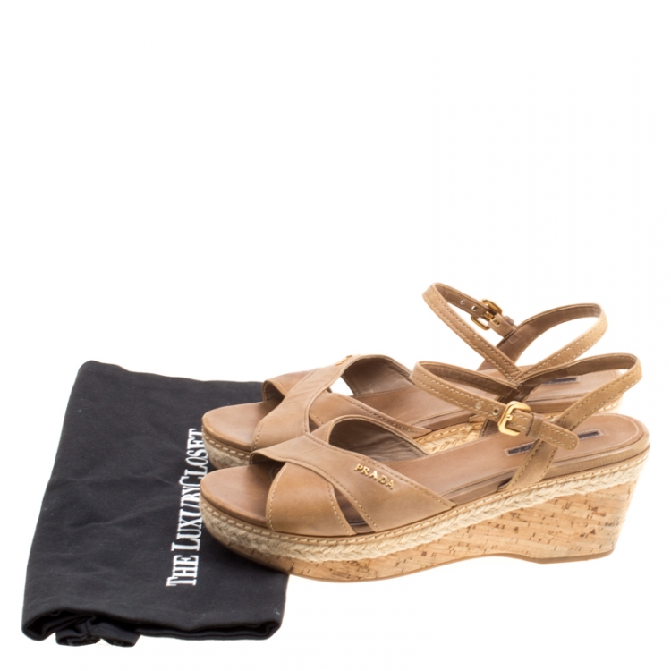 مملوكة مسبقًا Prada Sport Brown Leather Ankle Strap Platform Espadrille Sandals Size 38