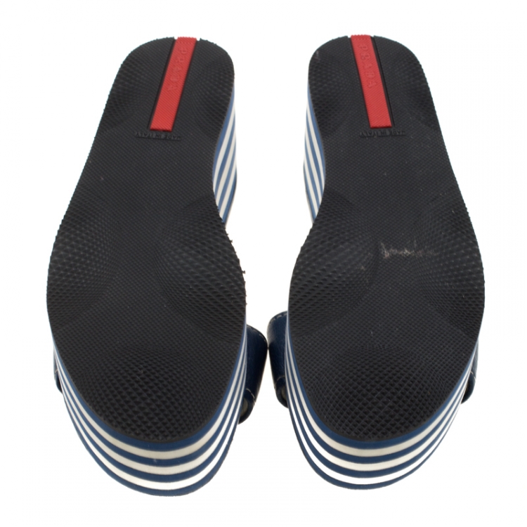 Pre Owned Prada Sport Blue Leather Flat Sandals Size 37