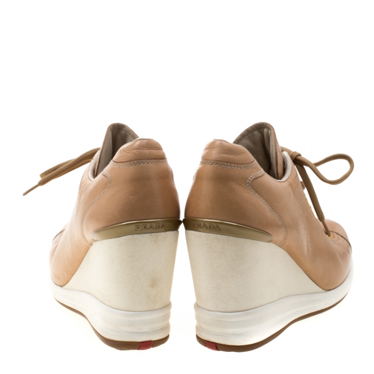 Pre Owned Prada Sport Brown/White Leather Wedge Sneakers Size 38