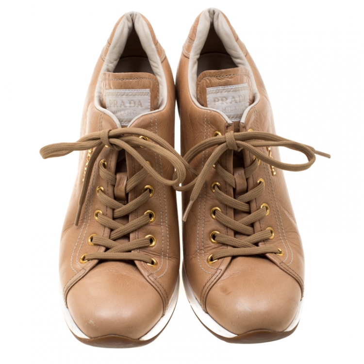 Pre Owned Prada Sport Brown/White Leather Wedge Sneakers Size 38