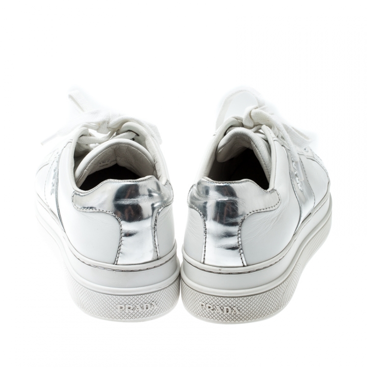 Pre Owned  Prada Sport White Metallic Silver/White Leather Lace Up Sneakers Size 37