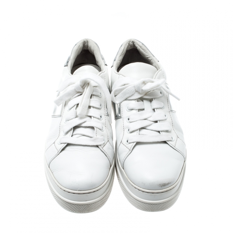 Pre Owned  Prada Sport White Metallic Silver/White Leather Lace Up Sneakers Size 37