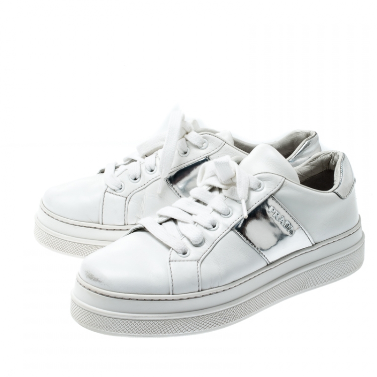 Pre Owned  Prada Sport White Metallic Silver/White Leather Lace Up Sneakers Size 37