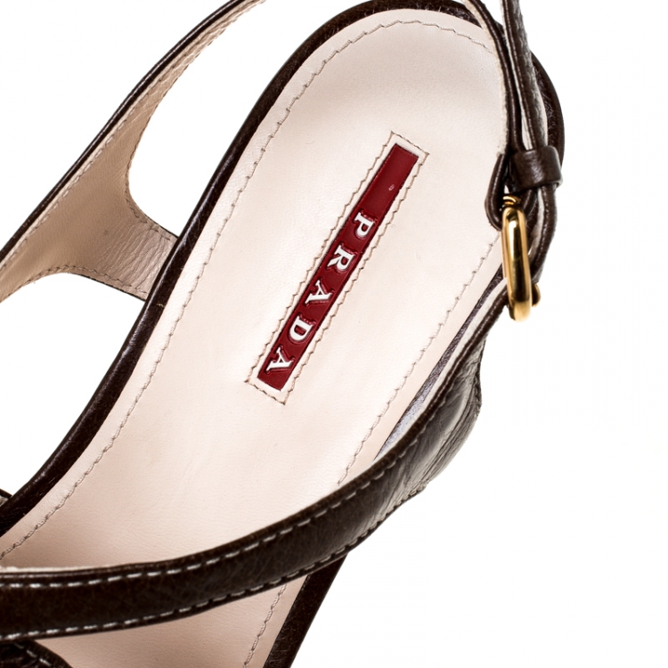 Pre Owned Prada Sport Brown Leather Strappy Cork Wedge Platform Sandals Size 39.5