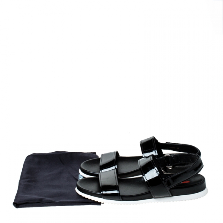 Pre Owned  Prada Sport Black Patent Leather Flat Sandals Size 38