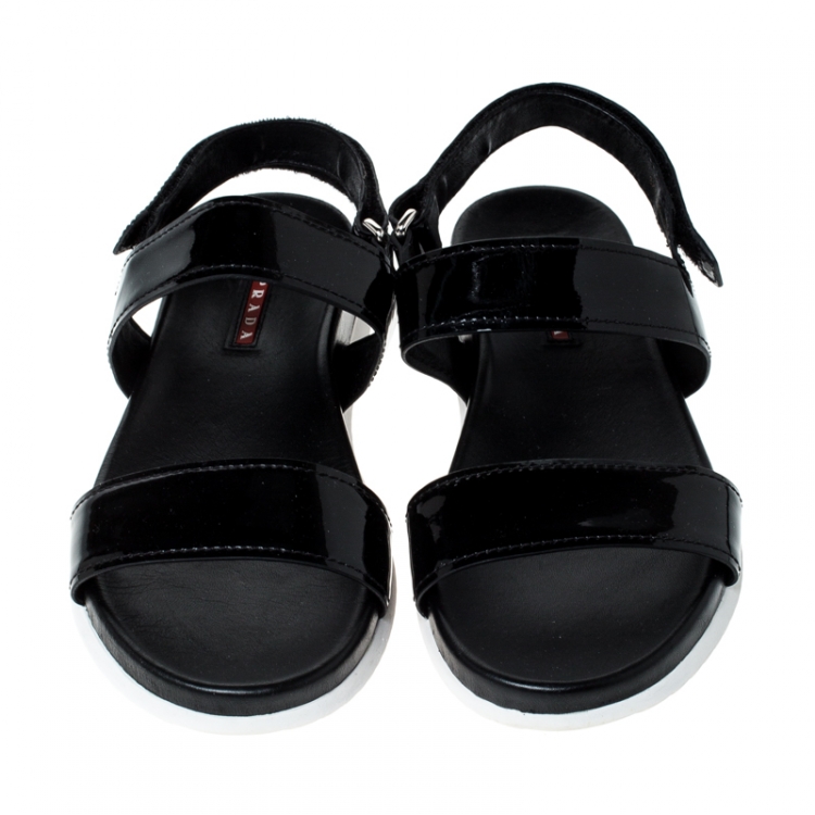 Pre Owned  Prada Sport Black Patent Leather Flat Sandals Size 38