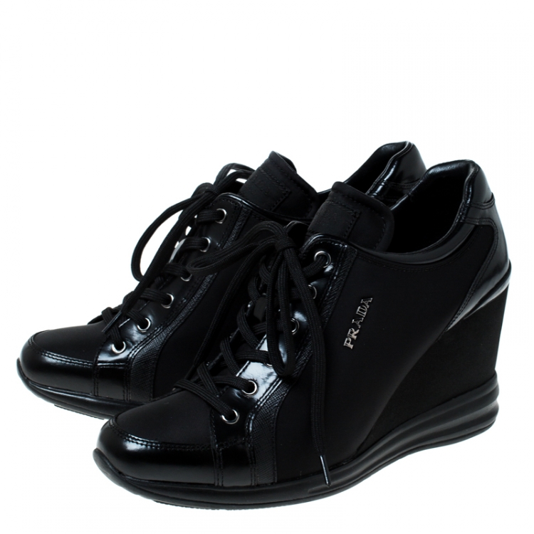 Pre Owned Prada Sport Black Nylon and Leather Wedge Sneakers Size 39